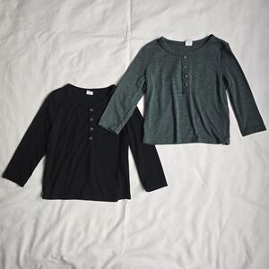 SHEIN Kids Long Sleeve Henley Shirts - Black and Dark Green